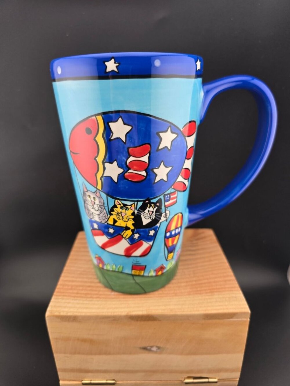 Catzilla Patriotic Hot Air Balloon Ceramic Mug With Cats By Candace Reiter 16 Oz